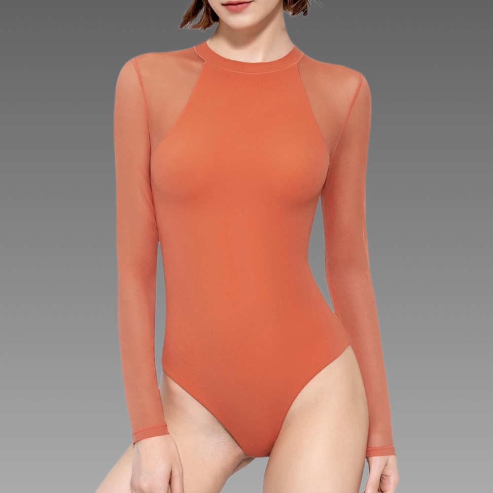 NWT Chic Long Sleeve Orange Bodysuit W/ Mesh Sleeves Sz‎ Small